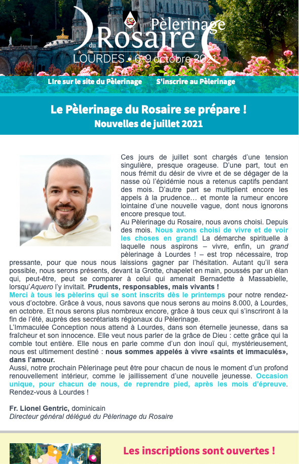 Nouvelles du Pèlerinage du Rosaire - juillet 2021