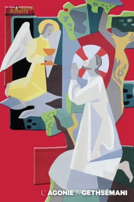Illustration de l'Agonie de Jésus à Gethsémani, un ange lui offrant un calice, style moderne, liée au Pèlerinage Rosaire.