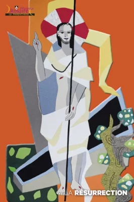 Représentation moderne et géométrique de la Résurrection de Jésus-Christ, avec stigmates et halo, sur fond orange vif.